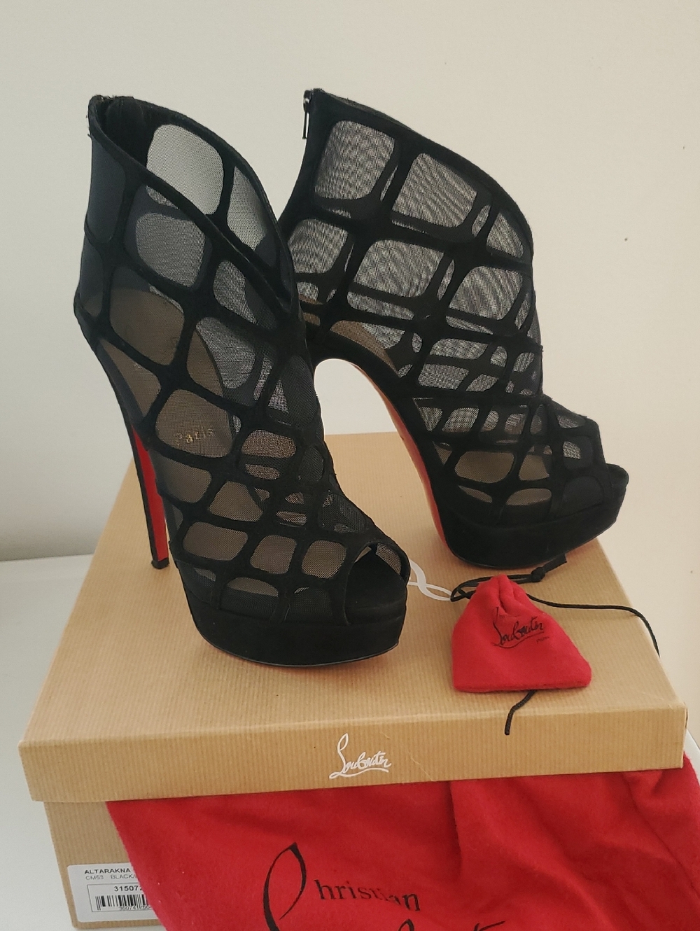 Christian Louboutin Black Mesh Cage Peep-Toe Stiletto with Red Soles Altarakna
